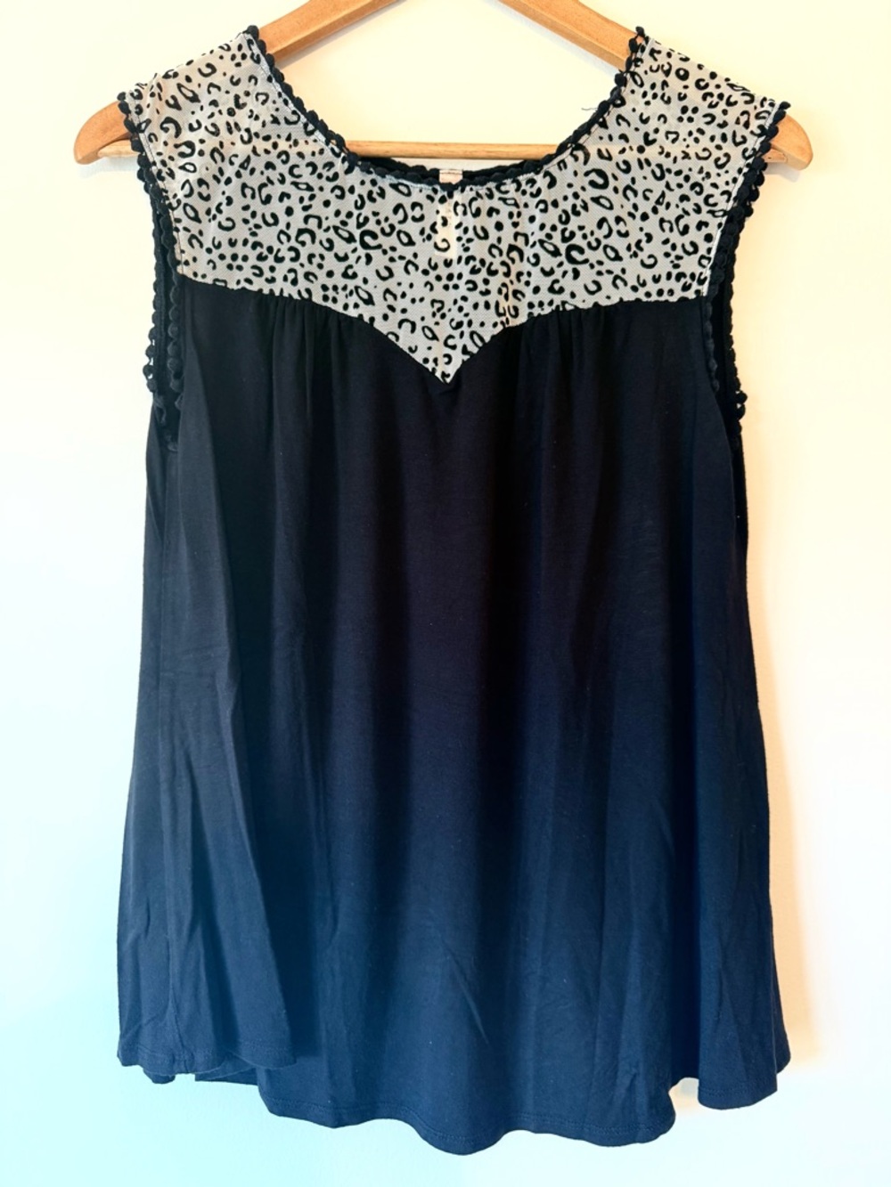 Emerald Black/Animal Print Mesh Panel Sleeveless Top Crochet Detail